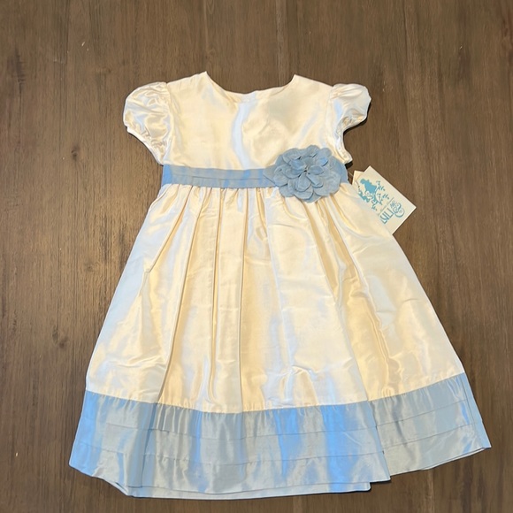 Luli & Me Dresses New Girls Luli Me Ivory And Blue Raw Silk Dress 3